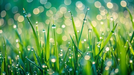 Fototapeta premium Close-up view of vibrant green blades of grass glistening with morning dew, illuminated by soft, diffused sunlight creating a bokeh effect.