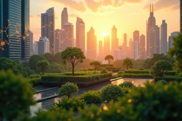 Obraz premium Golden Hour Futuristic Cityscape with Smart Connectivity and Green Urban Spaces