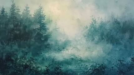 Obraz premium Misty forest landscape painting with evergreen trees and a bright cloudy sky in the background