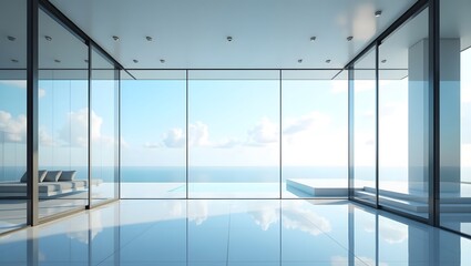 Modern ocean view apartment with glass walls and glossy floor design idea