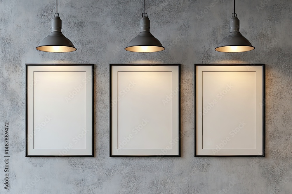 Poster a minimalist art gallery featuring three empty white frames illuminated by pendant lights on a sleek