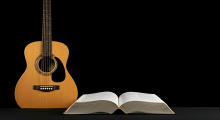 acoustic guitar,  guitar,  book, Acoustic Guitar and Open Book on Black Background