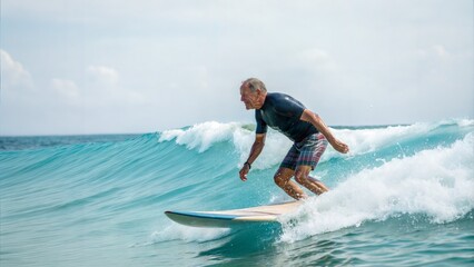 Older man surfing in the ocean during summer holiday