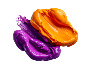 Bright orange and purple paint blobs mixing on a palette, isolated to transparent background