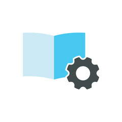 Learning process icon vector. Icon of an open book and gear symbolizing knowledge management, technical documentation, and educational tools. Perfect for e-learning, tutorials, and training materials.