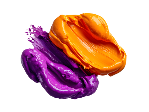 Bright orange and purple paint blobs mixing on a palette, isolated to transparent background