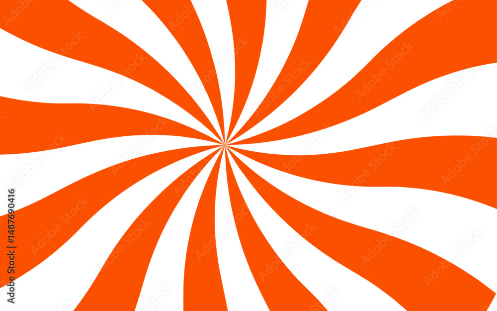 Poster Abstract vivid, hypnotic background with a central radial burst design. Orange and white wavy rays. Dynamic visual effect reminiscent of retro pop art or vintage psychedelic posters