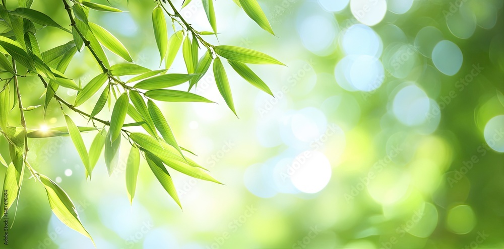 Poster lush green bamboo leaves frame a soft. glowing background of sunlight filtering through a serene for