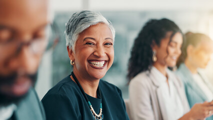 Plakat Office, meeting and portrait of business woman with smile for team, about us and company pride. Corporate, financial manager and mature person in boardroom for discussion, consulting and feedback