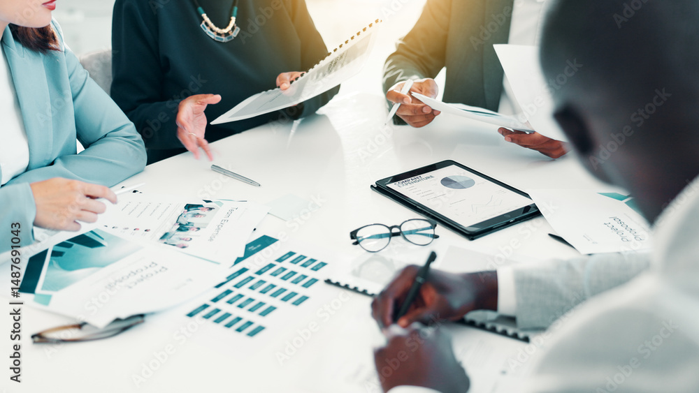 Aufkleber graphs, tablet and hands of business people in office with planning for company budget. digital tech