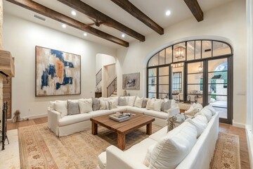 Fototapeta premium A spacious modern living room featuring a large white sectional sofa. a rustic wooden coffee table. and abstract wall art. with a kitchen visible in the background