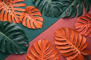 Vibrant Tropical Monstera Leaves on a Dual Tone Background