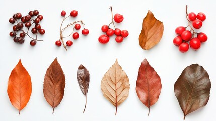 Fototapeta premium Autumn Arrangement of Dried Leaves and Rowan Berries, Symbolizing Nature's Seasonal Transition 