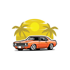 American classic muscle car in beach vector illustration isolated