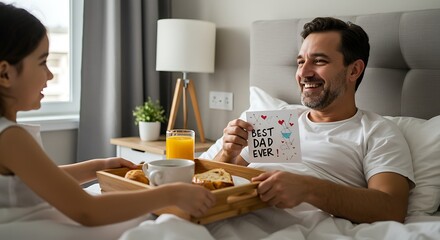 Father receives breakfast in bed from daughter