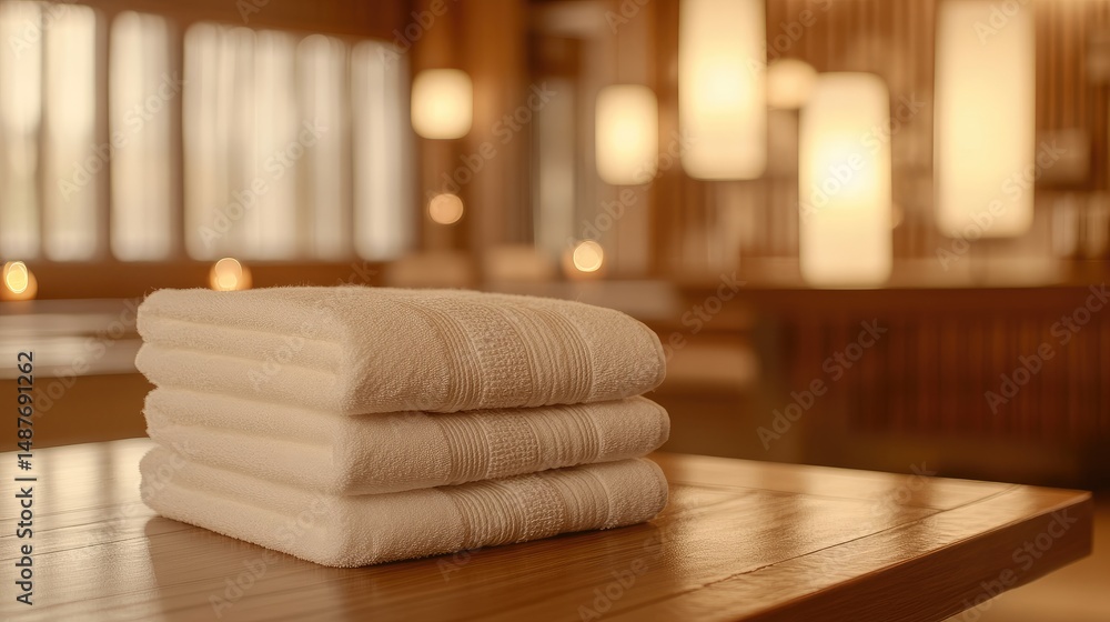Poster a serene spa setting featuring neatly stacked white towels on a wooden surface. with soft candleligh