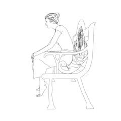 A woman sits on a bench with her legs crossed. The bench is made of wood and has a curved back. The woman is lost in thought, and the bench seems to be a peaceful spot for her to relax