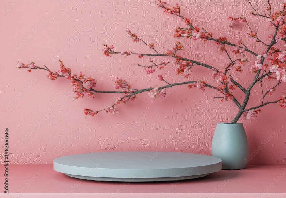 Poster a minimalist display featuring a round. textured platform in soft pink tones. adorned by delicate br
