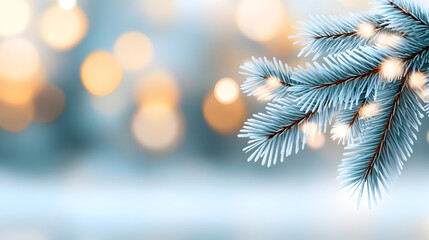 Winter snowy pine Christmas tree scenery Fir branches adorned with hoar frost create a Wonderland The wintry season is approaching for the New Year Serene blurred snowflakes form a winter background