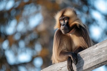 Fototapeta premium Gelada Baboon: Serene Portrait on Rustic Wood, Natural Light