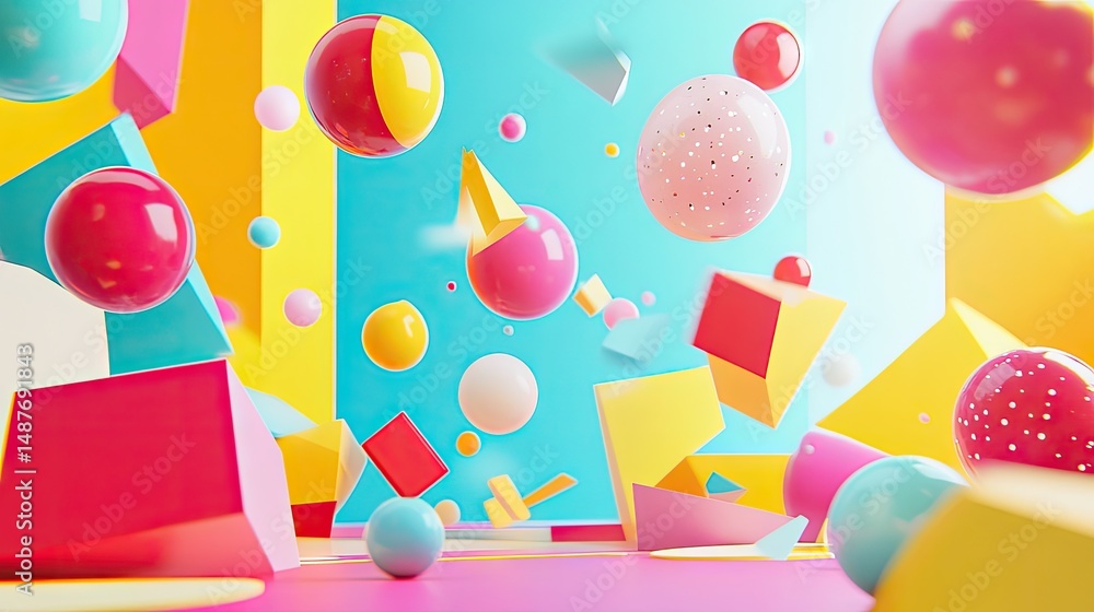 Poster a vibrant composition of colorful geometric shapes and spheres floating in a bright blue background.