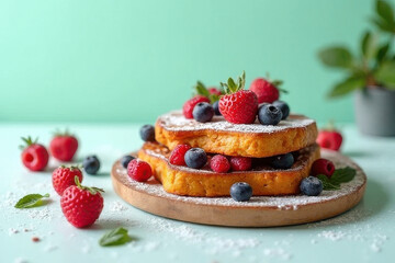 Tempting French Toast Berries on Rustic Kitchen Table Corner with Light Mint Background