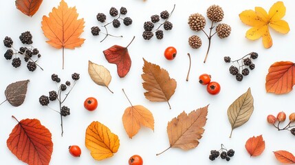 Fototapeta premium Autumn Arrangement of Dried Leaves and Rowan Berries, Symbolizing Nature's Seasonal Transition 