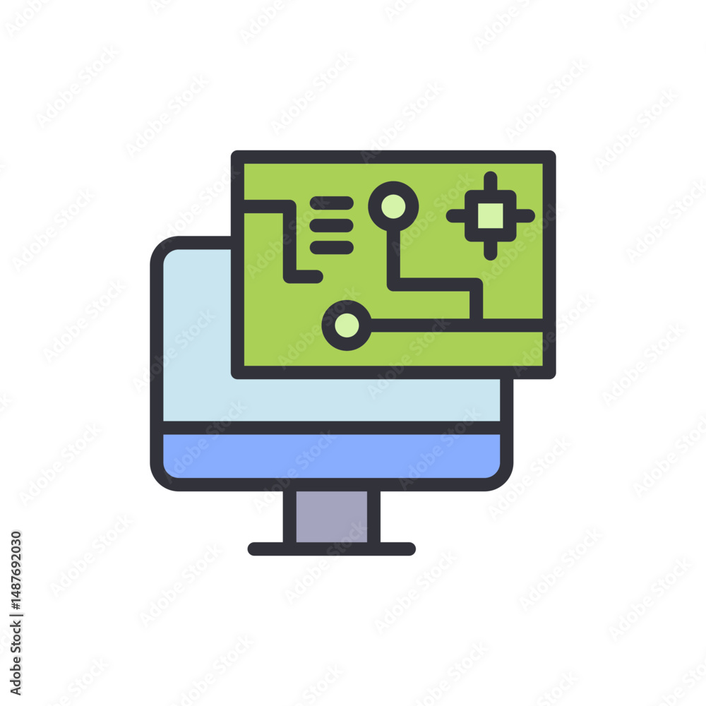 Poster computer screen displaying circuit board schematic with transparent layout