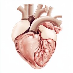 A high-resolution image of the human heart, rendered in 3D, provides a detailed look at its anatomy, including blood vessels, and its function within the cardiovascular system