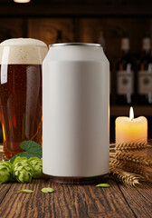 Blank beer can and glass