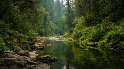 Naklejka premium Serene Forest River with Reflective Water Surrounded by Lush Greenery and Rocky Shores in a Tranquil Natural Landscape