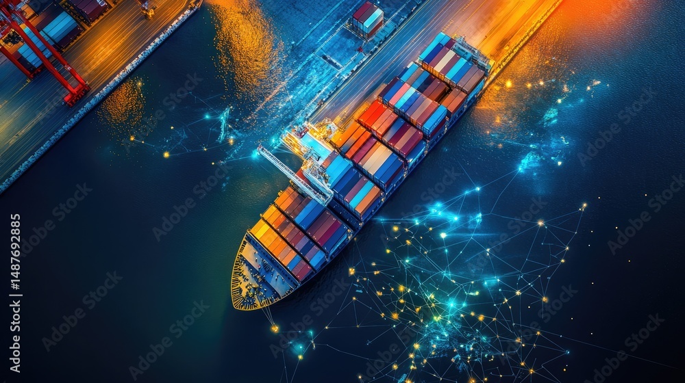 Poster aerial view of a cargo ship loaded with colorful containers at a bustling port. illuminated by brigh