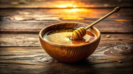 Golden honey in a rustic wooden bowl, bathed in the warm glow of sunset light, a honey dipper resting gently within