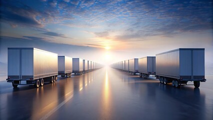 Serene Sunset Highway  A Convoy of Cargo Trucks Traveling Towards a Distant Horizon