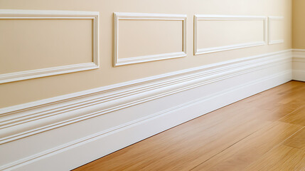 Interior wall with decorative trim and wood floor offers a clean, classic design. The white molding adds depth and visual interest to the room.