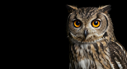 Obraz premium owl, bird, avian, Majestic Owl Portrait Against Black Background