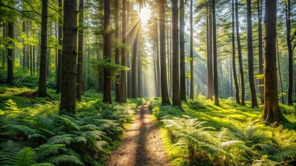 Obraz premium Sunlit Path Through a Verdant Forest with Lush Ferns and Tall Trees