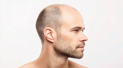 Obraz premium Young Bald Man Portrait on White Background Emphasizing Hair Loss