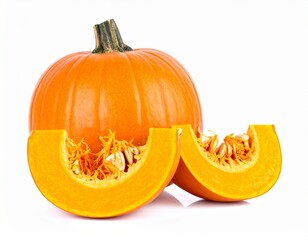 Whole pumpkin and slices isolated on white background, autumn ingredient, Thanksgiving cooking, orange flesh, copy space