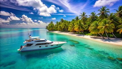 Fototapeta premium Luxury Yacht Anchored Near Tranquil Tropical Beach with Lush Palm Trees and Crystal-Clear Turquoise Water