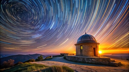 Obraz premium Serene Sunset Vista with Star Trails Arching Over a Hilltop Observatory