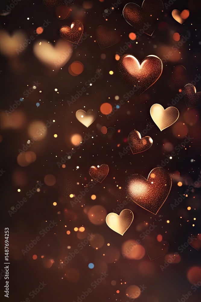 Poster a mesmerizing display of floating hearts in a dreamy. blurred background. creating a romantic atmosp