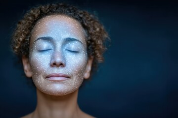 Serene portrait of a woman with curly hair closed eyes adorned with shimmering galaxies expressing inner peace and cosmic serenity under soft studio lighting captured with clarity