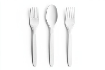Clean white plastic cutlery trio arranged neatly, cut out, isolated white background