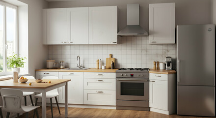 Fototapeta premium kitchen, modern kitchen, white kitchen, Modern White Kitchen Interior with Wooden Table and Stainless Steel Appliances