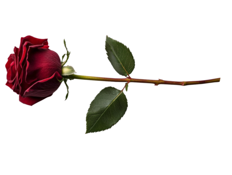 A single cut stem of a red rose with green leaves, isolated on a transparent background, PNG file.