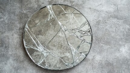 A shattered round mirror rests on a textured gray surface. reflecting fragmented light and creating an abstract pattern. ideal for artistic or design concepts
