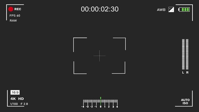 Camera viewfinder. Viewfinder camera recording. Video screen, camera frame vector template. Black lines and text, rec icon with information and timing on black background.