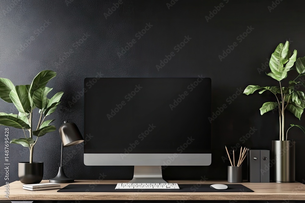 Poster a sleek. modern workspace featuring a blank computer monitor on a dark desk. surrounded by stylish s