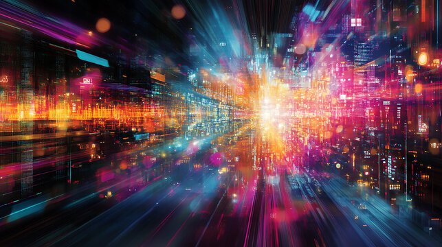 Vivid info-graphics and pattern recognition visuals surrounding business analyst 